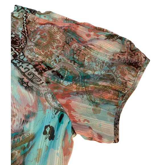 Sara Michelle Womens 1X Teal Pink Paisley Short Sleeve Top Lined Flowy Feminine - Picture 14 of 16